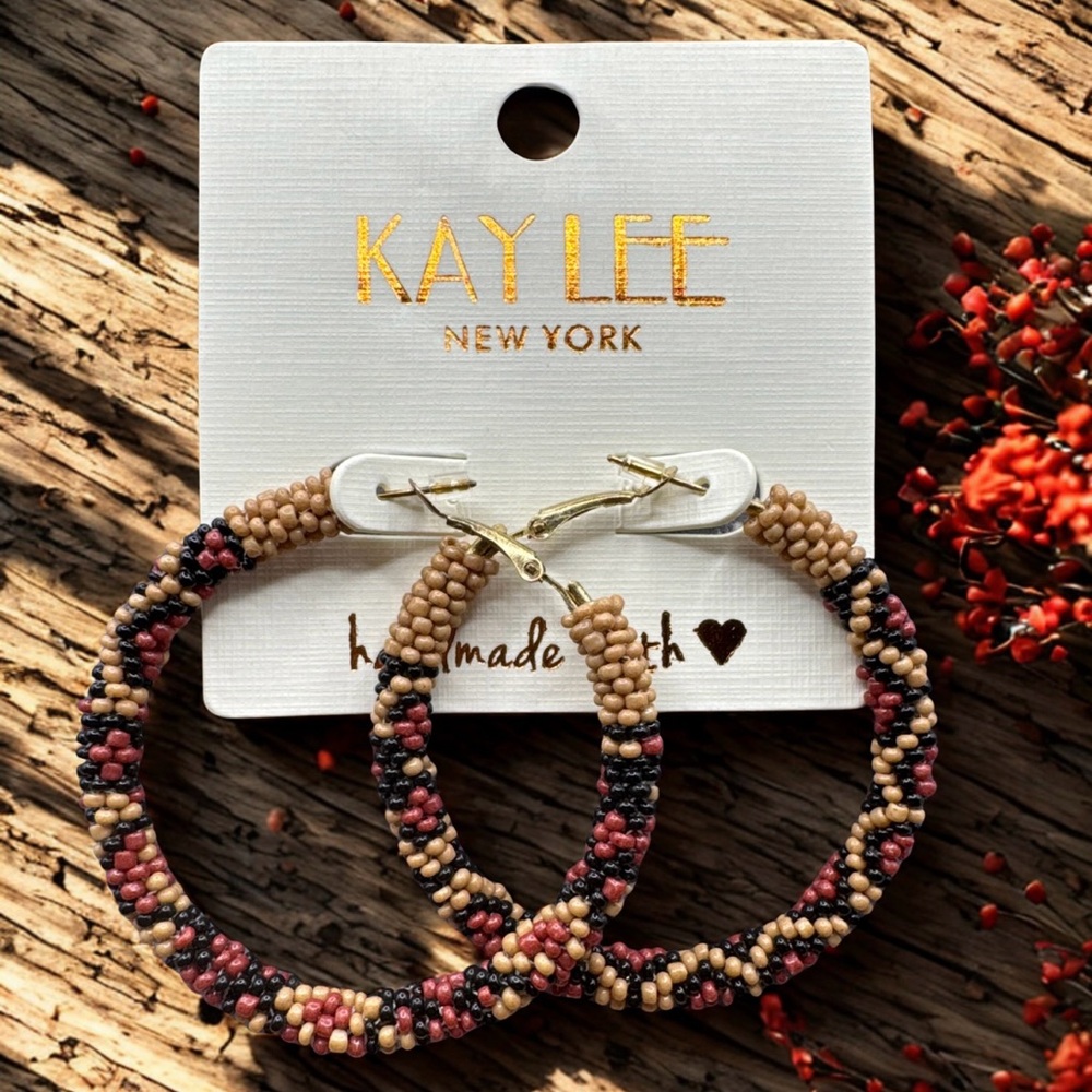 Kay Lee Seed Bead Animal Print Hoop Earrings